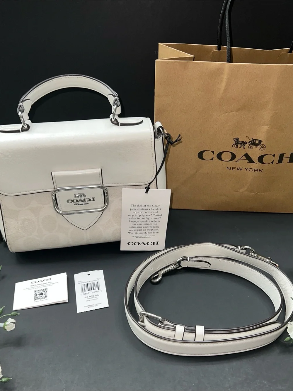 NWT Coach Small Morgan Satchel Top Handle Crossbody Signature White Silver